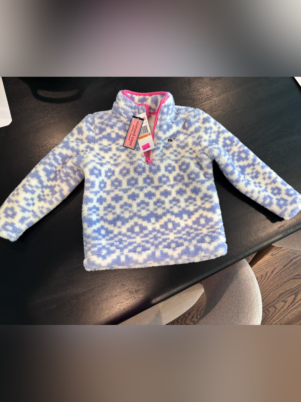 Vineyard Vines toddler Girls periwinkle & White Fleece Pullover with Pink Trim